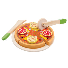 Wooden pizza cutter with plastic blade, cardboard base, and colorful plastic toppings in red, yellow, and green.