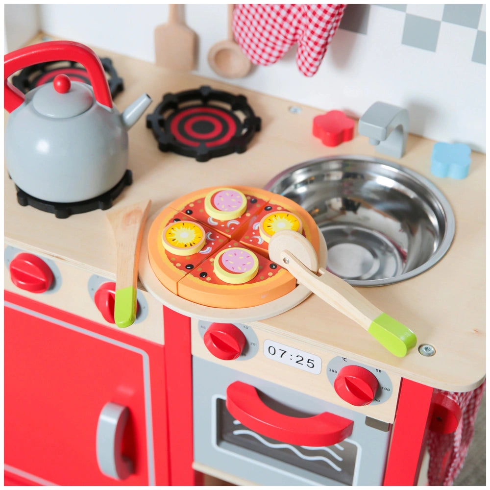 New Classic Toys pizza cutting set features a wooden oven with red and gray doors, yellow and orange pizza, and colorful uten