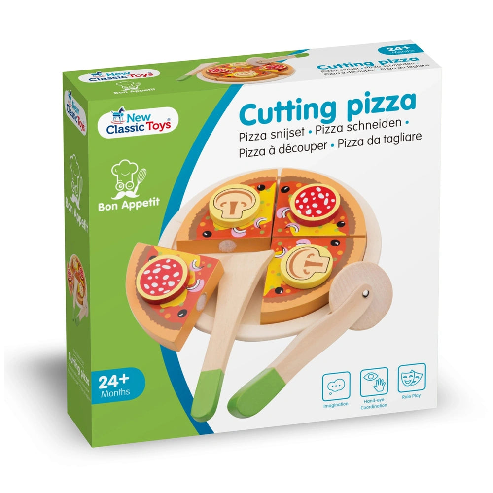 New Classic Toys Pizza Salami cutting set featuring cardboard packaging, pizza components, and colorful plastic utensils.