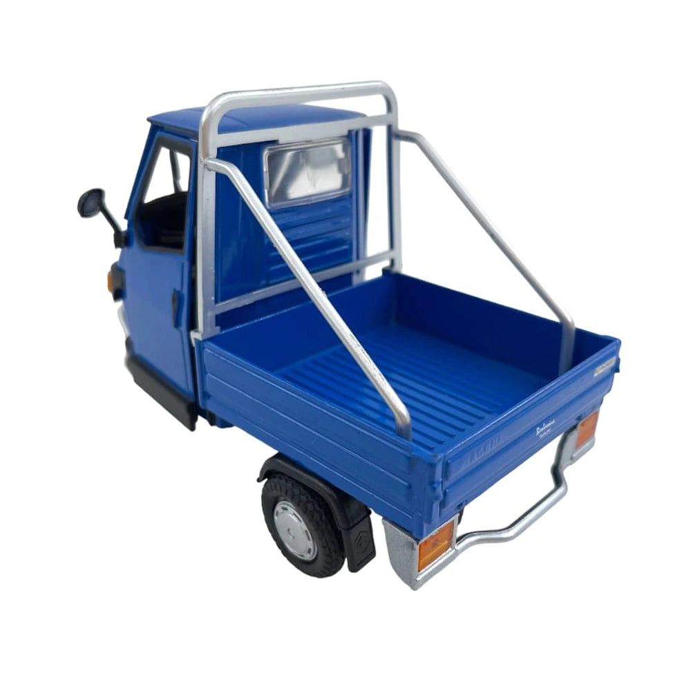 Piaggio Ape 50 Cross Country die-cast truck with blue plastic body, silver metal frame, and black rubber tires.