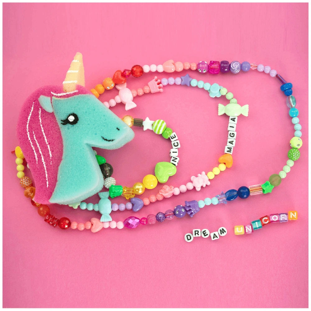 Beads ABC Candy Beads Jar featuring a plush unicorn, colorful beads, and various charm bracelets and necklaces.