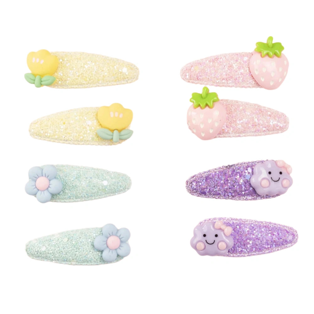 Bubbles 2 Pcs Hair Clip Set features four flower-decorated clips with glittery bases and smiling faces arranged in a 2x2 grid