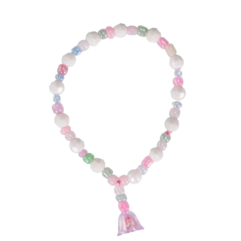 Crea-ABC-Beads Flower Bouquet kit featuring translucent pink, white, green, and blue beads arranged centrally.