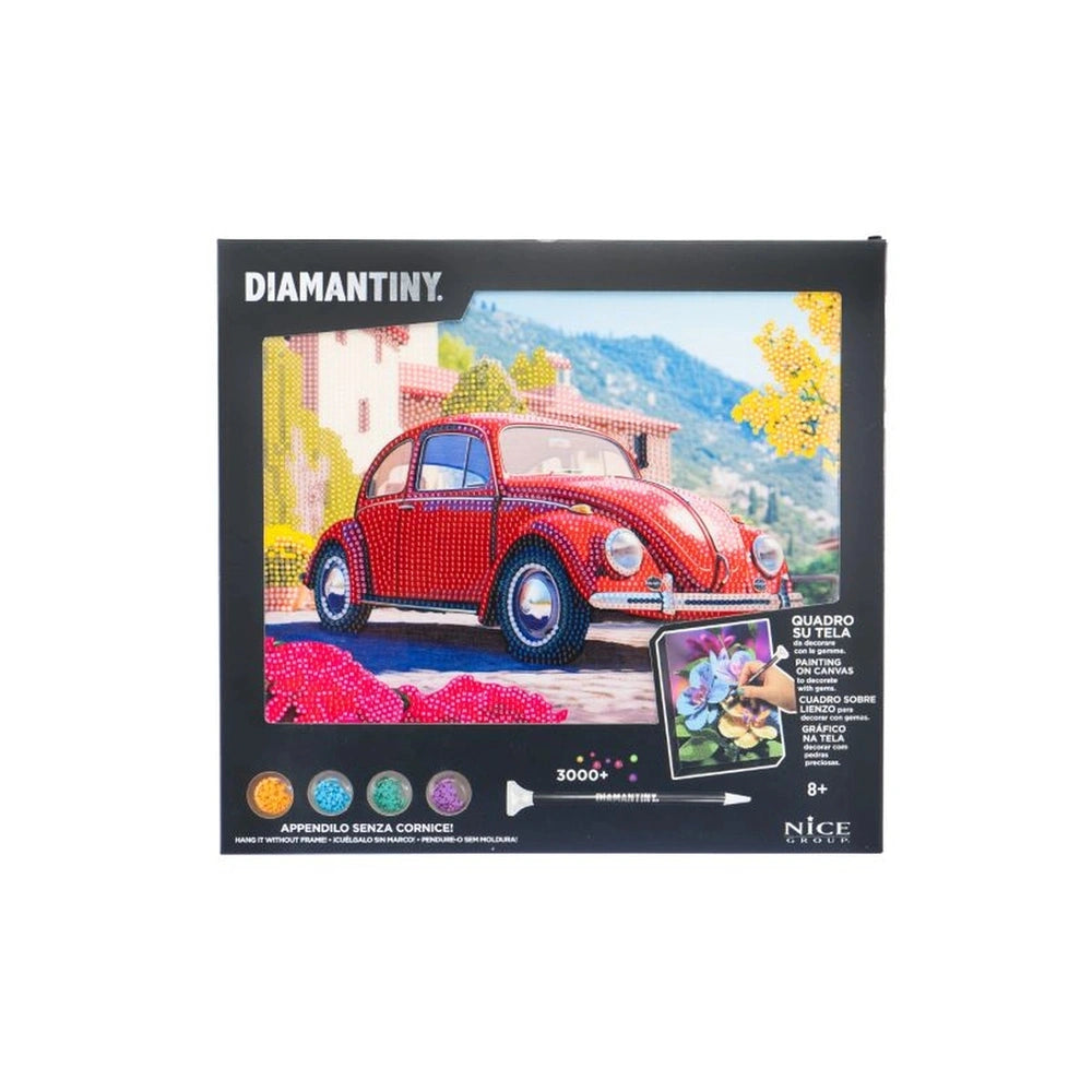 Diamantiny Artist Level Up Painting on canvas, featuring a glossy cardboard box with a red car and vibrant flowers.