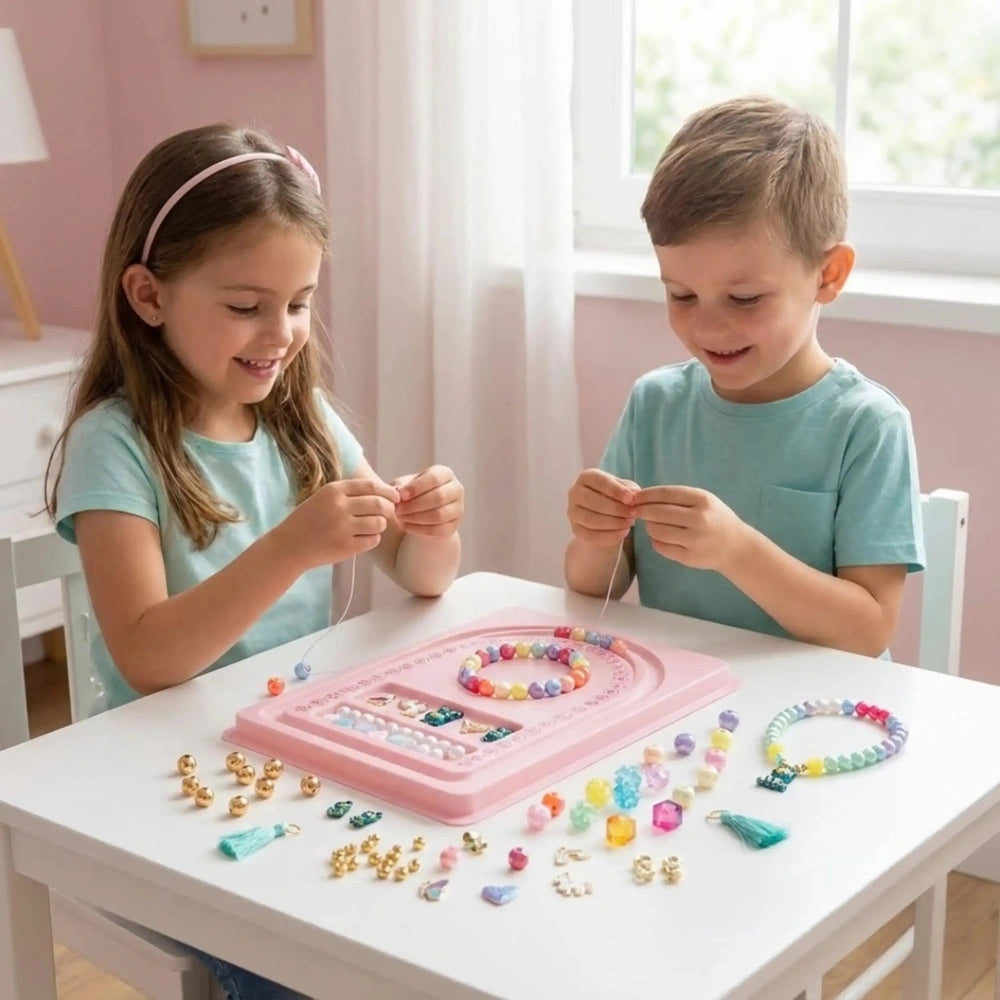 Nice Jewel Design 600 Precious Beads displayed as two children craft with colorful beads and a pink bead-stringing tool at a 