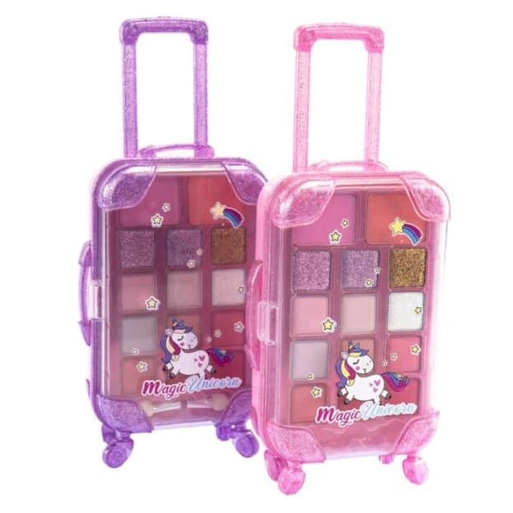 Magic Unicorn Trolley Makeup Set featuring pink and purple plastic casing, clear window, and two colorful makeup palettes.