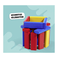 Noris colorful building block games with red, blue, and yellow blocks against a light blue background featuring bold text.