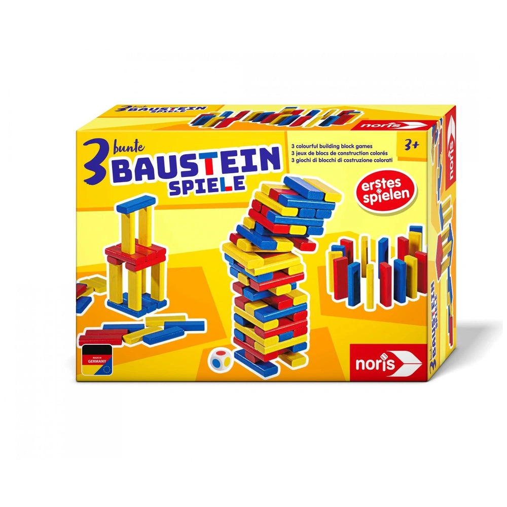 Noris 3 colorful building block games box featuring vibrant shapes and colors, promoting creative play for children.