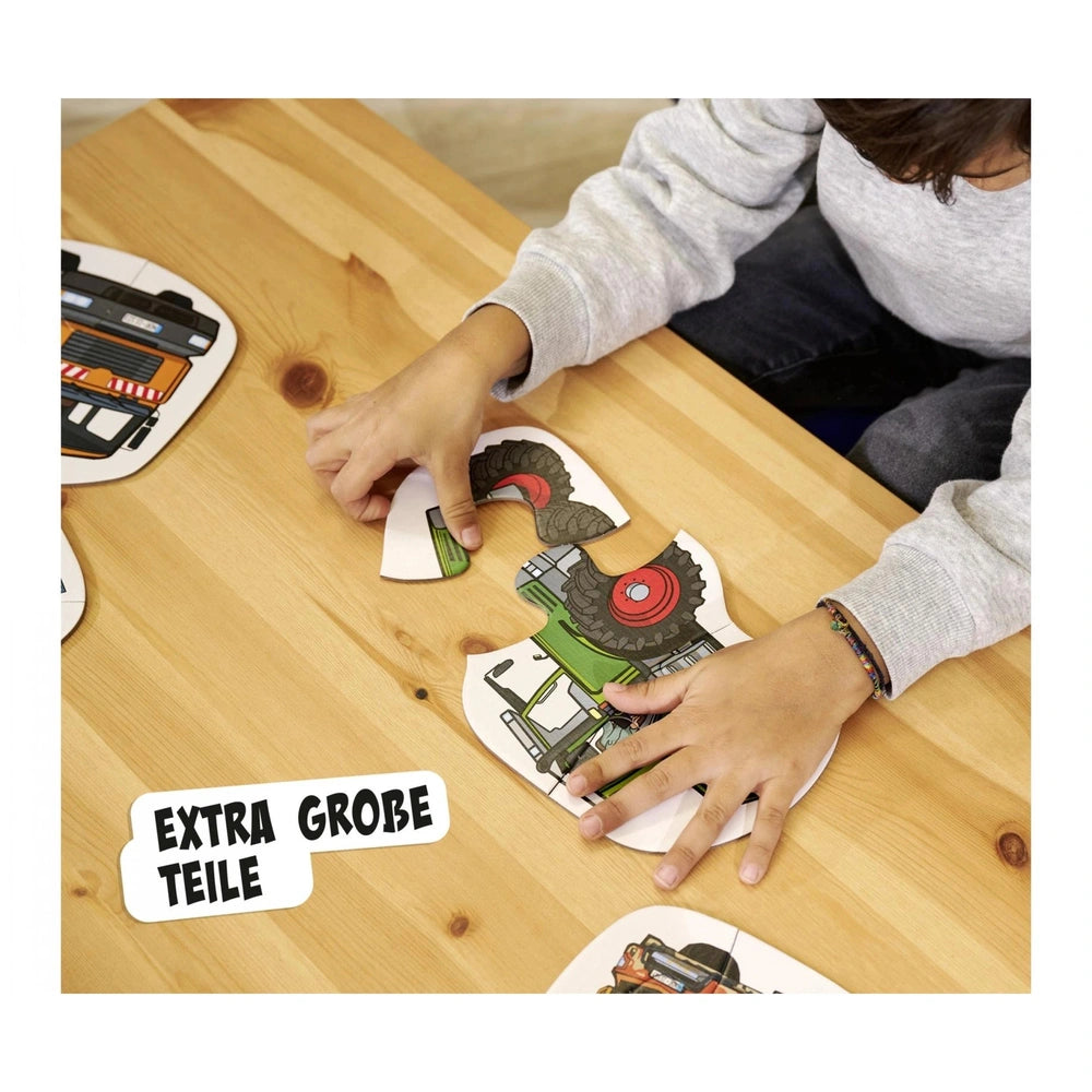 Noris 6 first puzzles featuring vehicles, showcasing a person crafting a colorful toy car illustration.