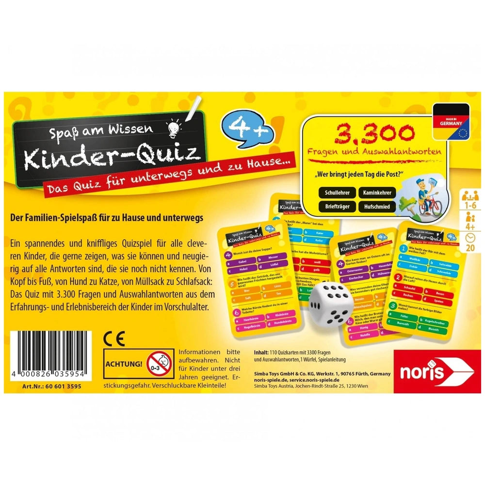 Noris childrens quiz board game in German, featuring colorful design and 100 questions for kids from kindergarten to grade 2.