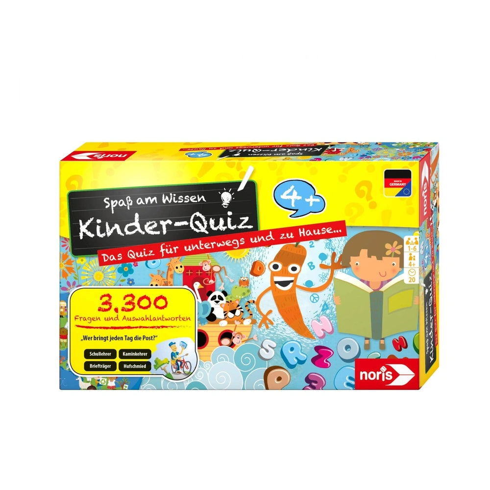 Noris childrens quiz board game box in colorful design, featuring Kinder-Quiz title and illustrations of kids and animals.