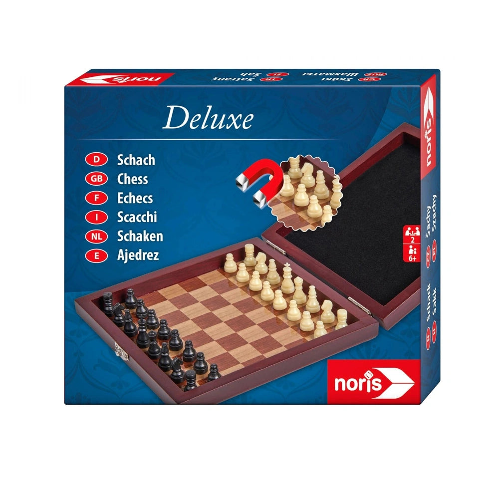 Noris Deluxe Magnetic Chess set in a blue wooden box, featuring a checkerboard and various colored pieces.