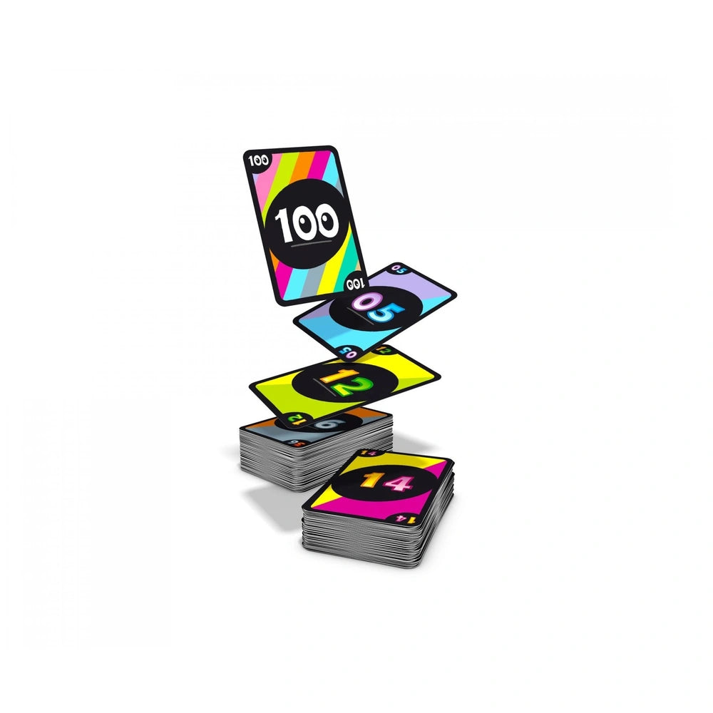 Noris Trick 100 card games displayed with colorful designs, central black circles, number 100 on top, cascading layout.