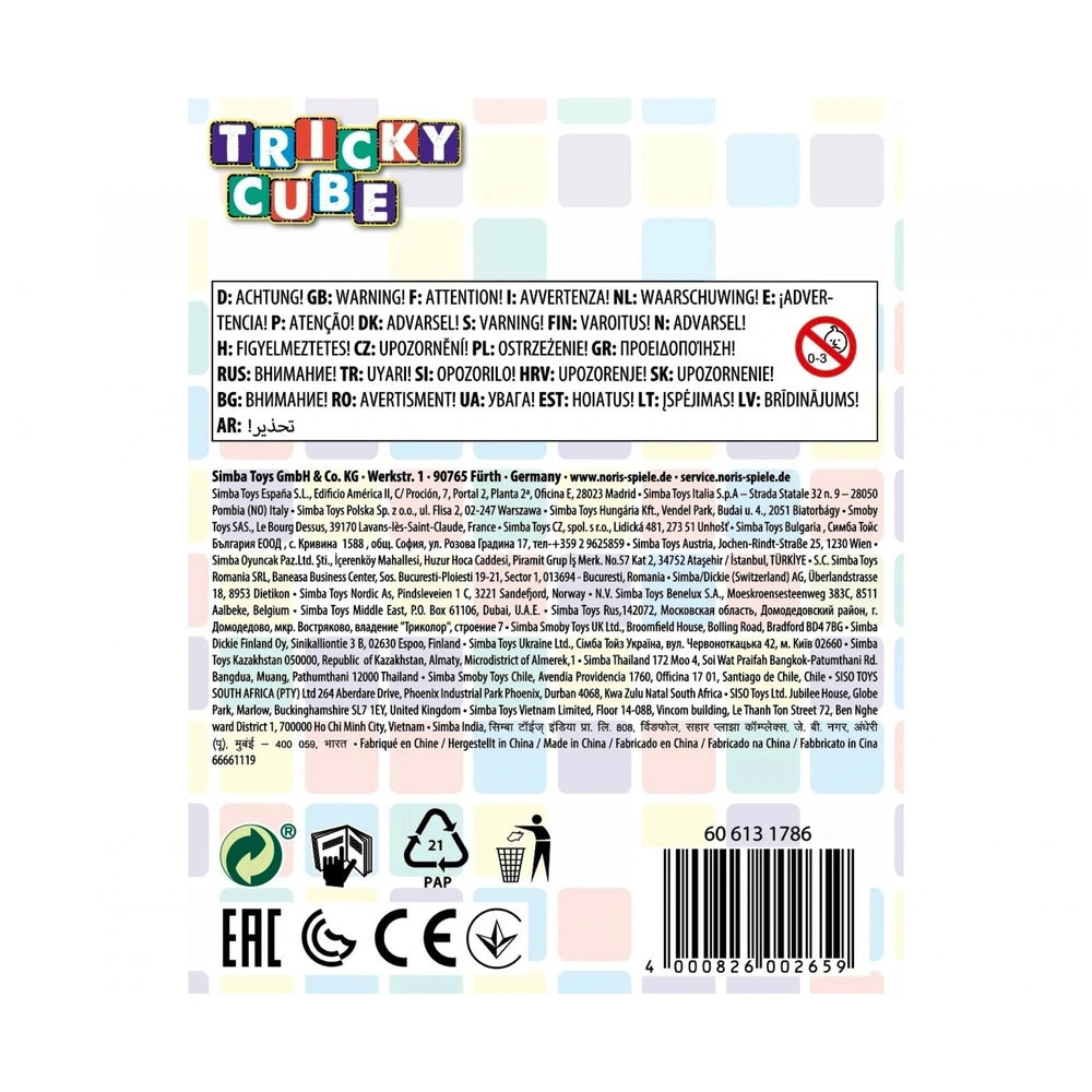 Noris Tricky Cube puzzle packaging featuring colorful patterns and warning text primarily in German.