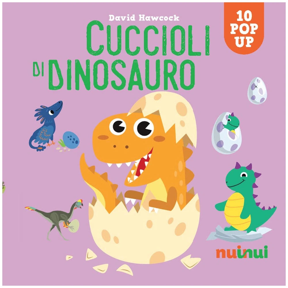 NUINUI Dinosaur Puppies book packaging featuring playful text in purple on a solid light purple background.