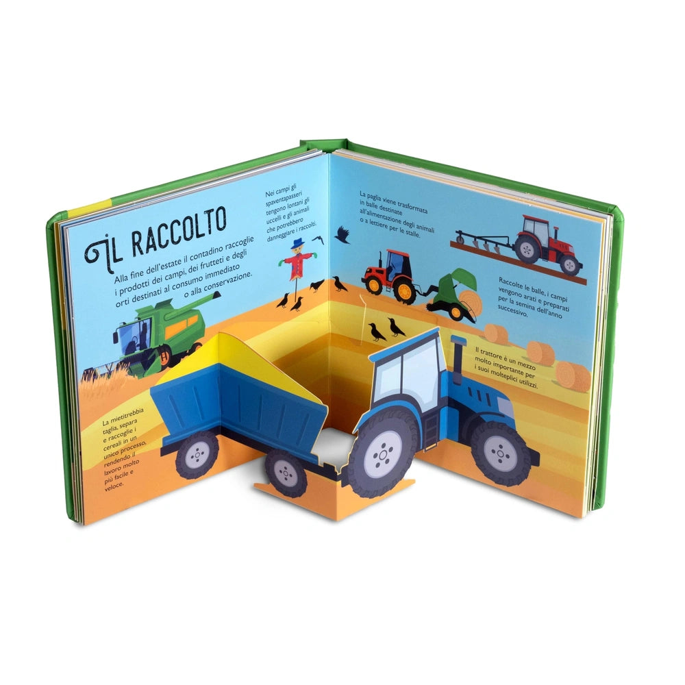 NUINUI Farm Life Pop Up Book packaging features a yellow background, glossy images of tractors, and a transparent plastic win