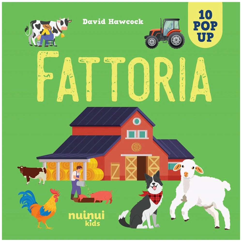NUINUI Farm Life Pop Up Book packaging with colorful cartoon illustrations of animals and a house on a solid green background