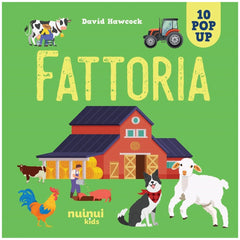 NUINUI Farm Life Pop Up Book packaging with colorful cartoon illustrations of animals and a house on a solid green background