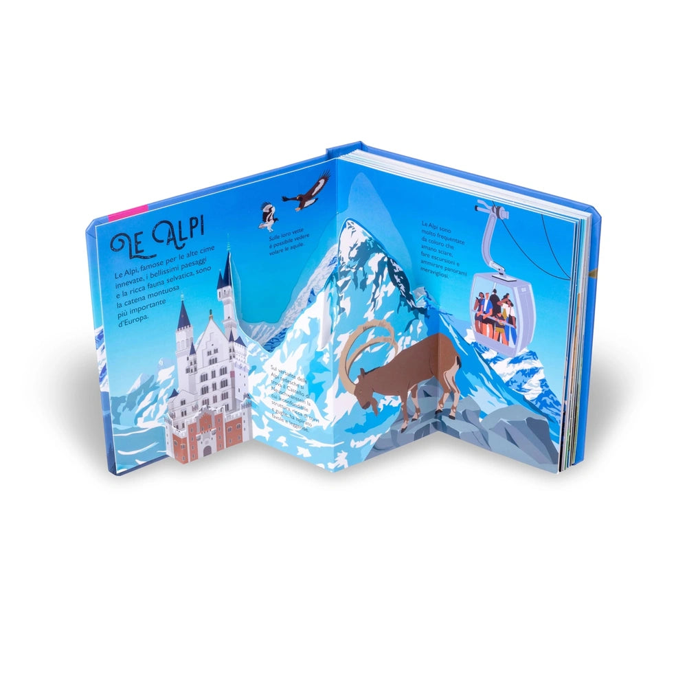 NUINUI Montagna Sorprendenti Pop Up book with glossy cover, blue background, and colorful illustrations, open to a two-page s