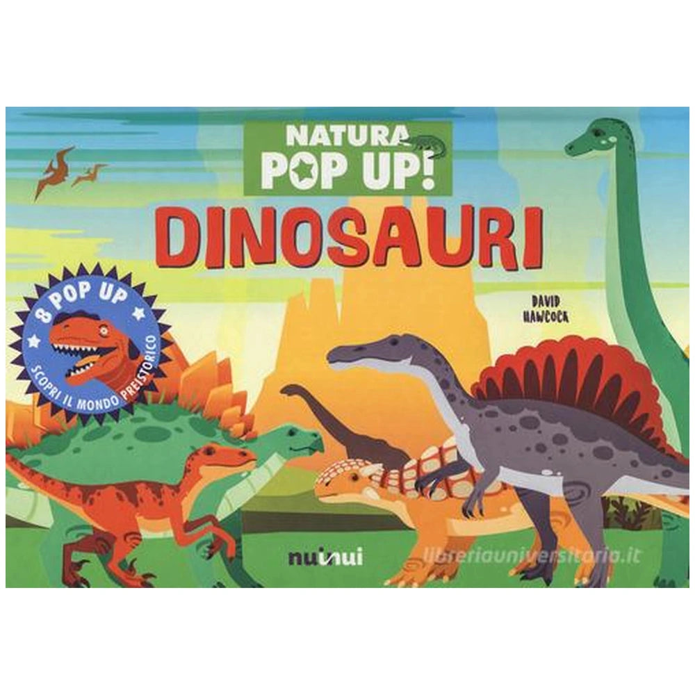 NuiNui Natura Pop Up Dinosauri book packaging in glossy yellow-orange with bold green and red text, featuring two dinosaur im