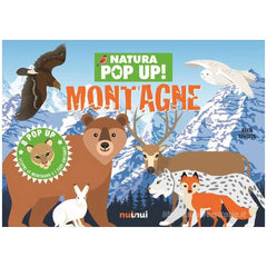 NuiNui Natura Pop Up Montagne Book features a light blue background with mountain illustrations, showcasing various animal ch
