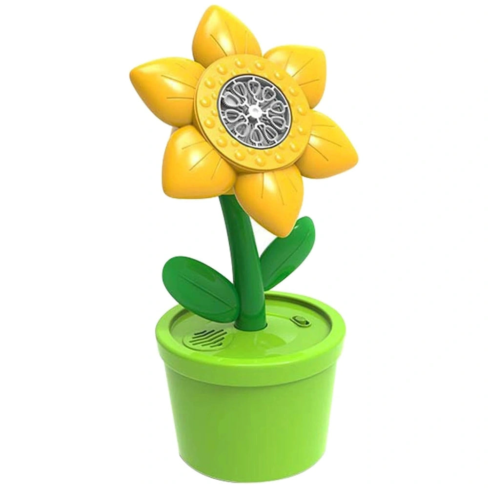 Yellow flower bubble machine with glossy petals, metallic center, and matte green pot for outdoor play.