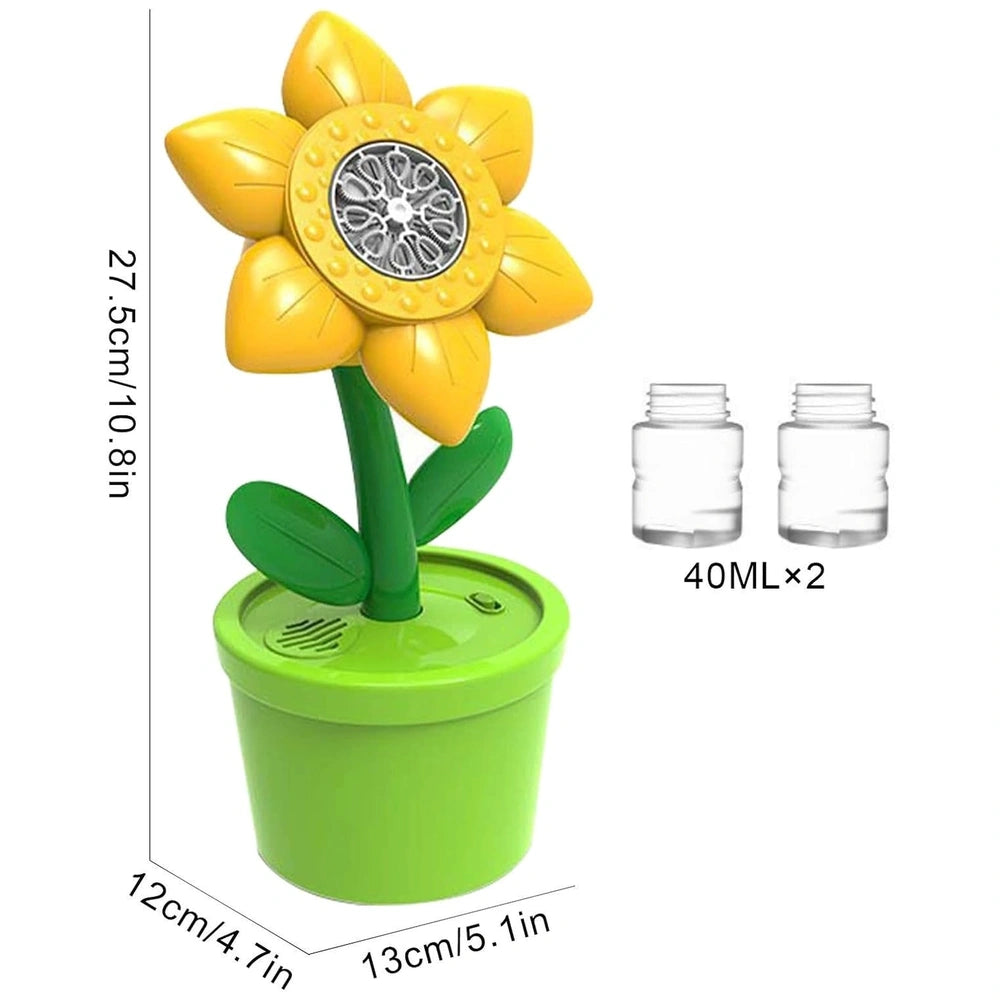Flower Bubble Machine with yellow petals, green stem, and watering can featuring a white transparent cap for outdoor play.
