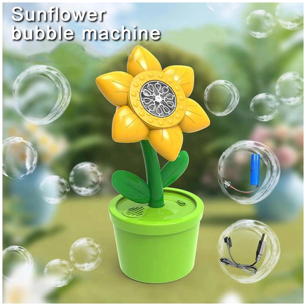 Sunflower bubble machine with yellow petals, silver center, and green pot, surrounded by blurred bubbles and greenery.