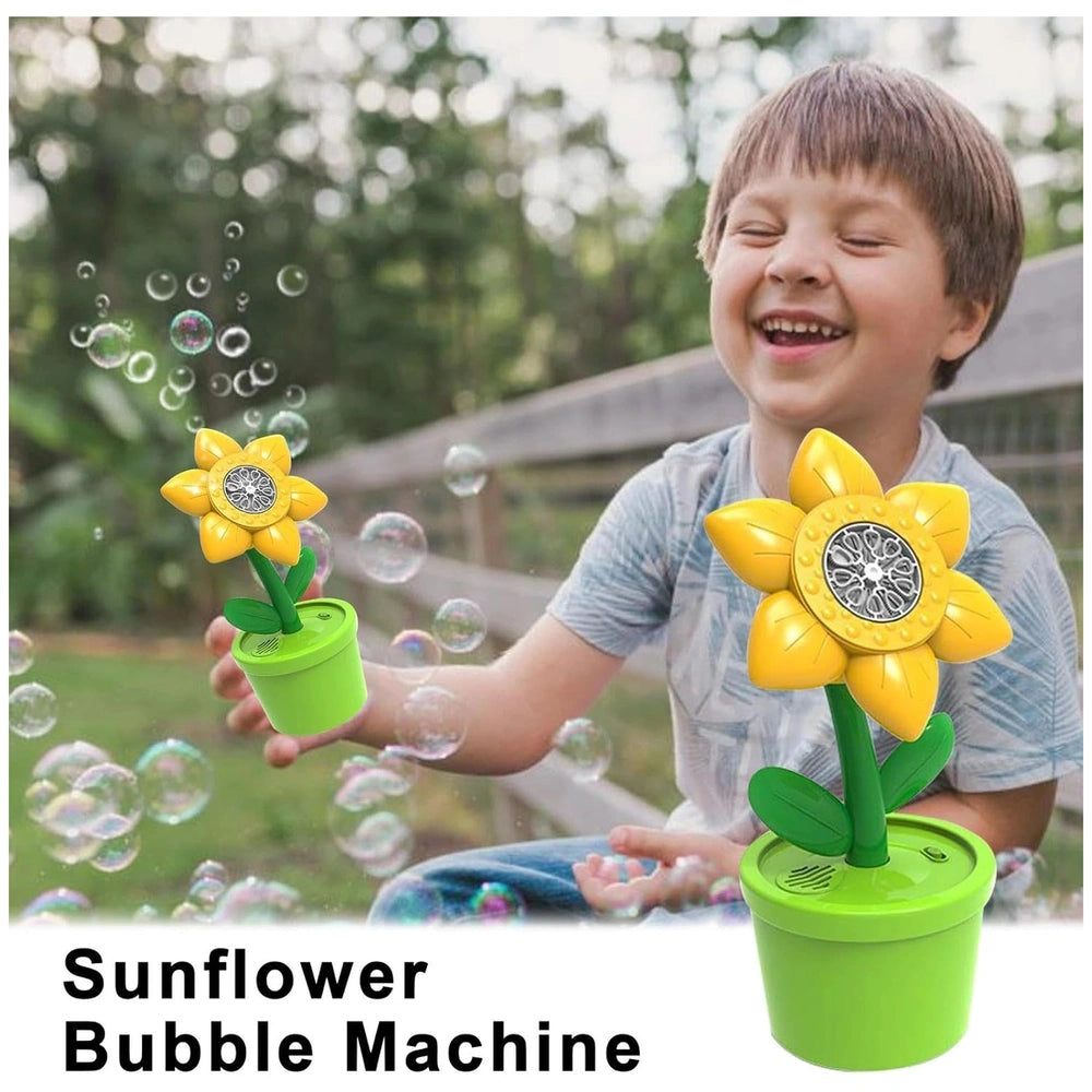 Flower Bubble Machine with a young boy, yellow flowers in a green pot, and transparent bubbles in an outdoor play scene.