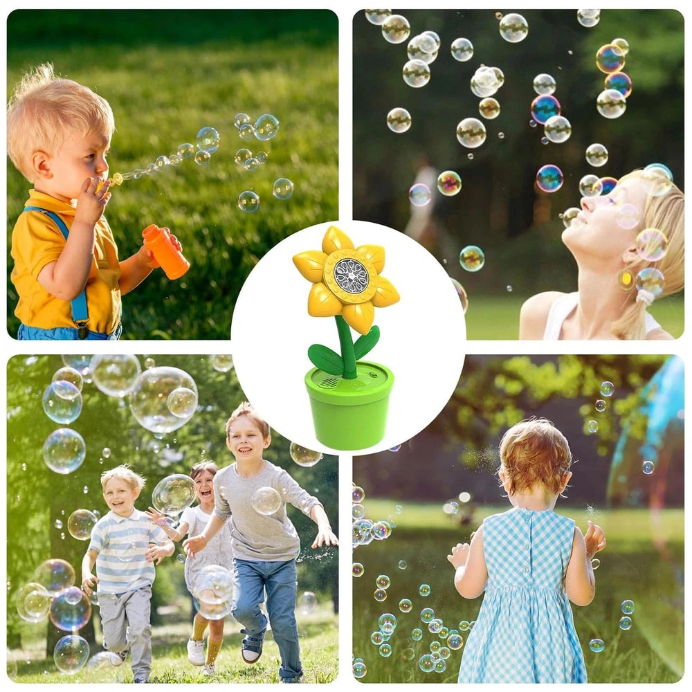 Flower Bubble Machine with a yellow flower in a green pot, surrounded by three children playing with transparent bubbles on g