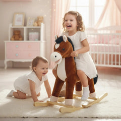 Two children playing with a 65 cm wooden and plush rocking horse on a white carpet in a bright room.