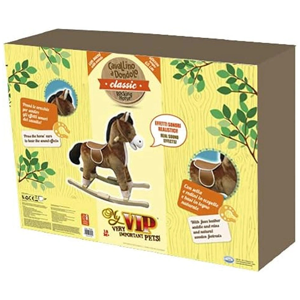 ODS My Vip Rocking Horse 65 cm packaging features a yellow background, glossy text, and a clear window showcasing the plush h