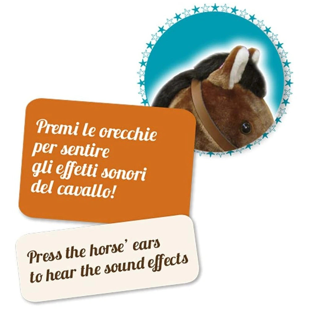 My Vip Rocking Horse with Sounds, a brown and white wooden toy, features text about sound effects on a blue background.