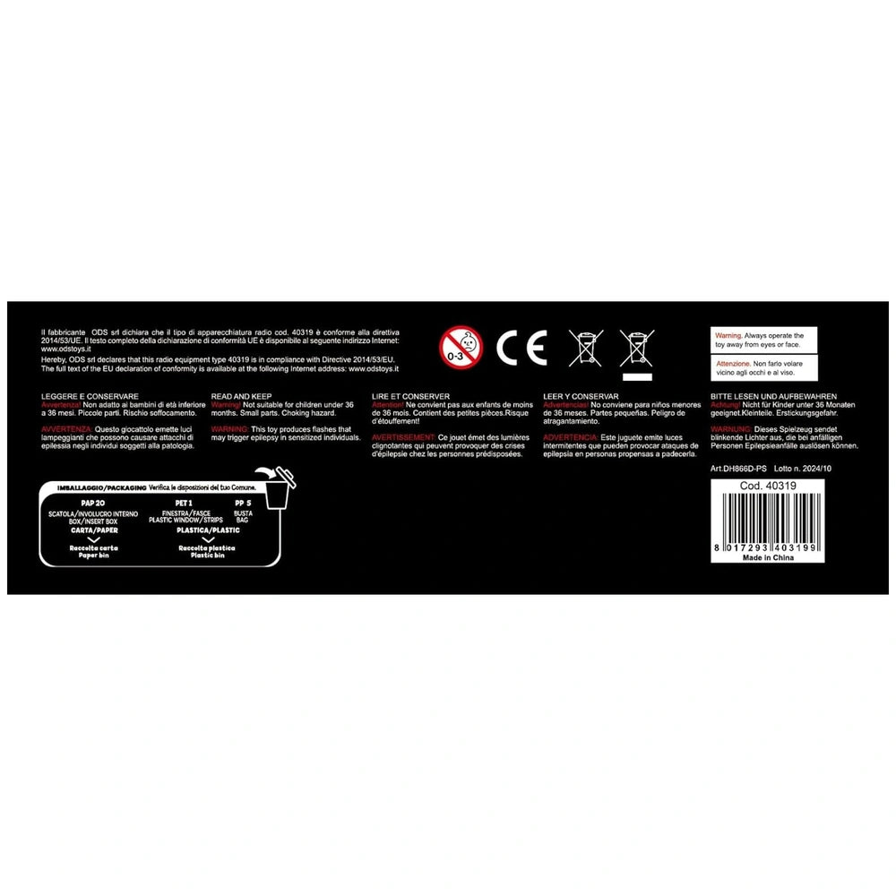 ODS Radiofly RC Helicopter packaging features a black background with white text and black icons.