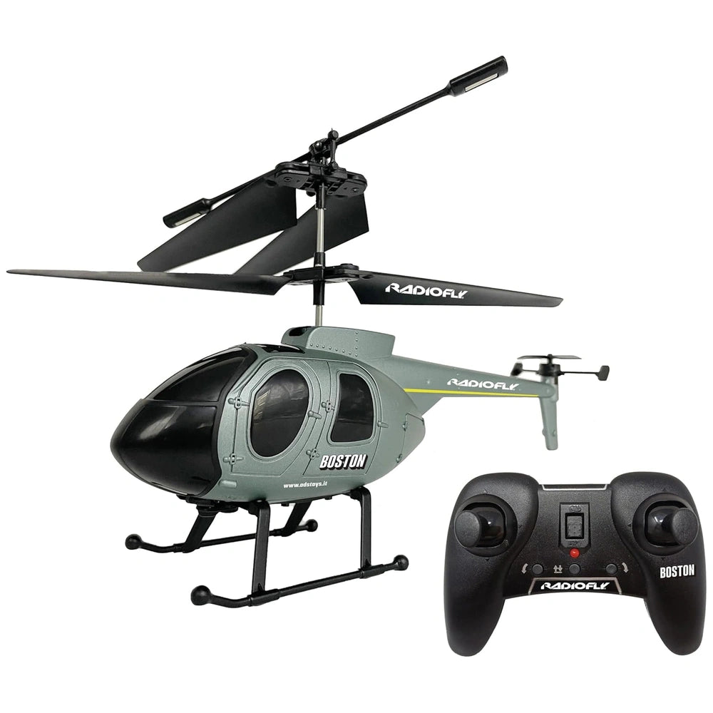 ODS Radiofly RC Helicopter Boston in black with grey accents, featuring a clear canopy and remote control with red button.
