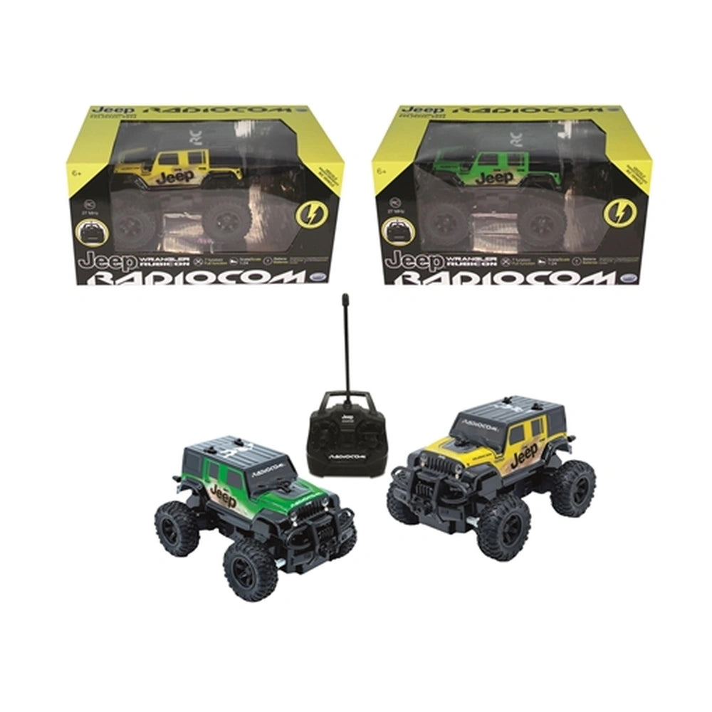 ODS RC Jeep 4x4 toy vehicles in yellow and black packaging with transparent window, featuring large black wheels and green ac