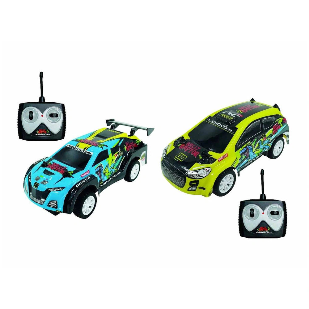 ODS RC Radiocom Rally Raptor 1:26 with glossy plastic body, shiny metallic wheels, and matte black roof in front view.