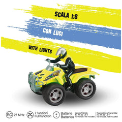 Yellow four-wheeled toy vehicle with black and white accents, featuring bumpers, fenders, and headlights.