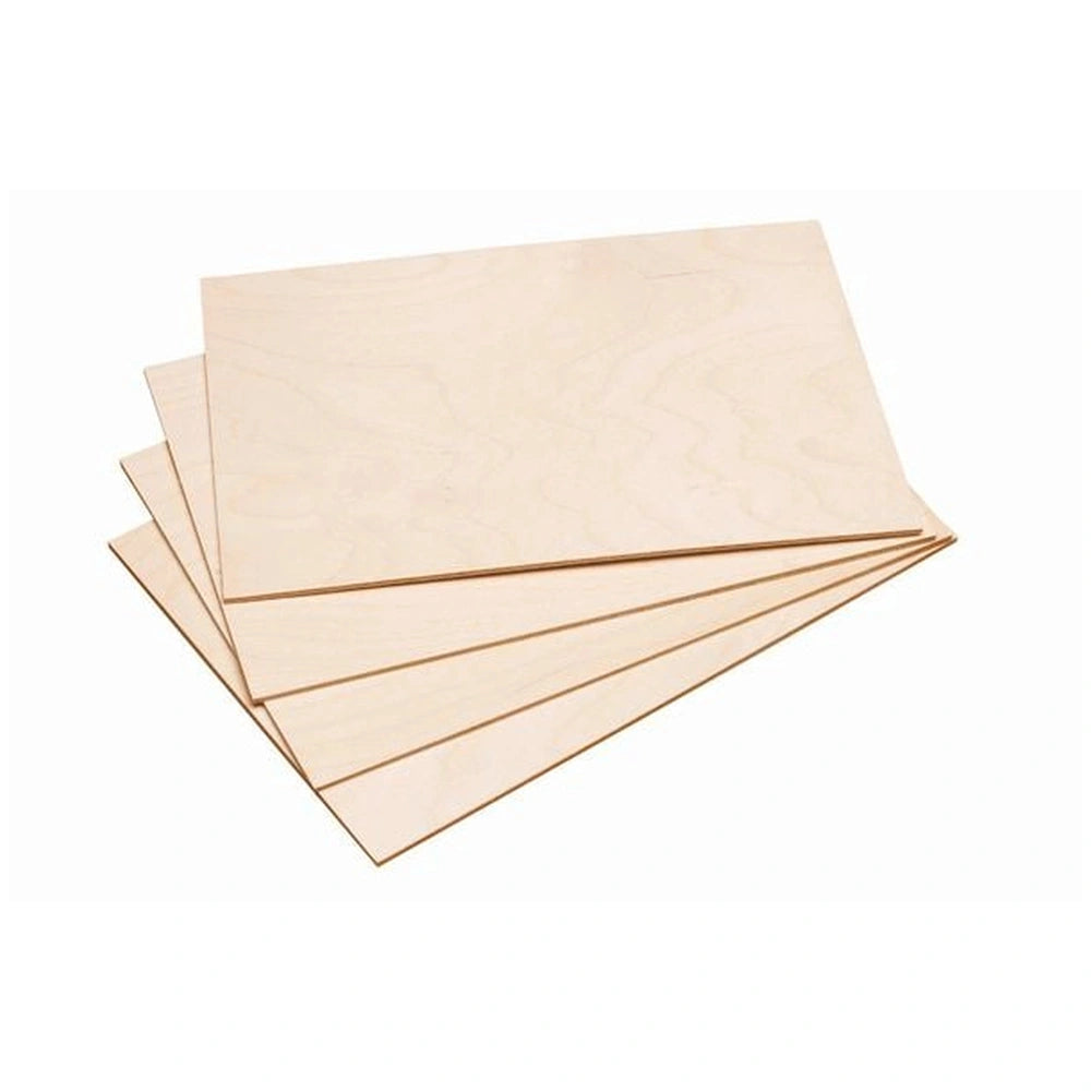 Four stacked birch plywood plates, DIN A4 size, 5mm thick, with a smooth, light wood grain surface.