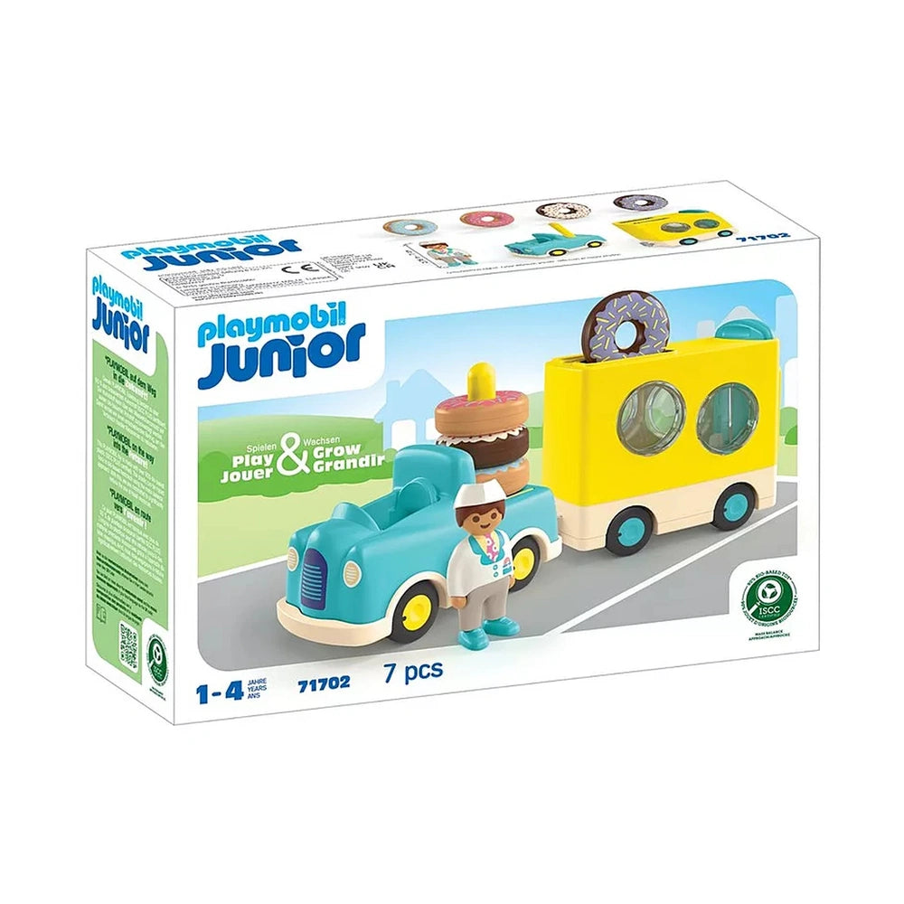 Playmobil Crazy-Donut-Truck packaging features a blue truck with yellow details, colorful printed text, and a white backgroun