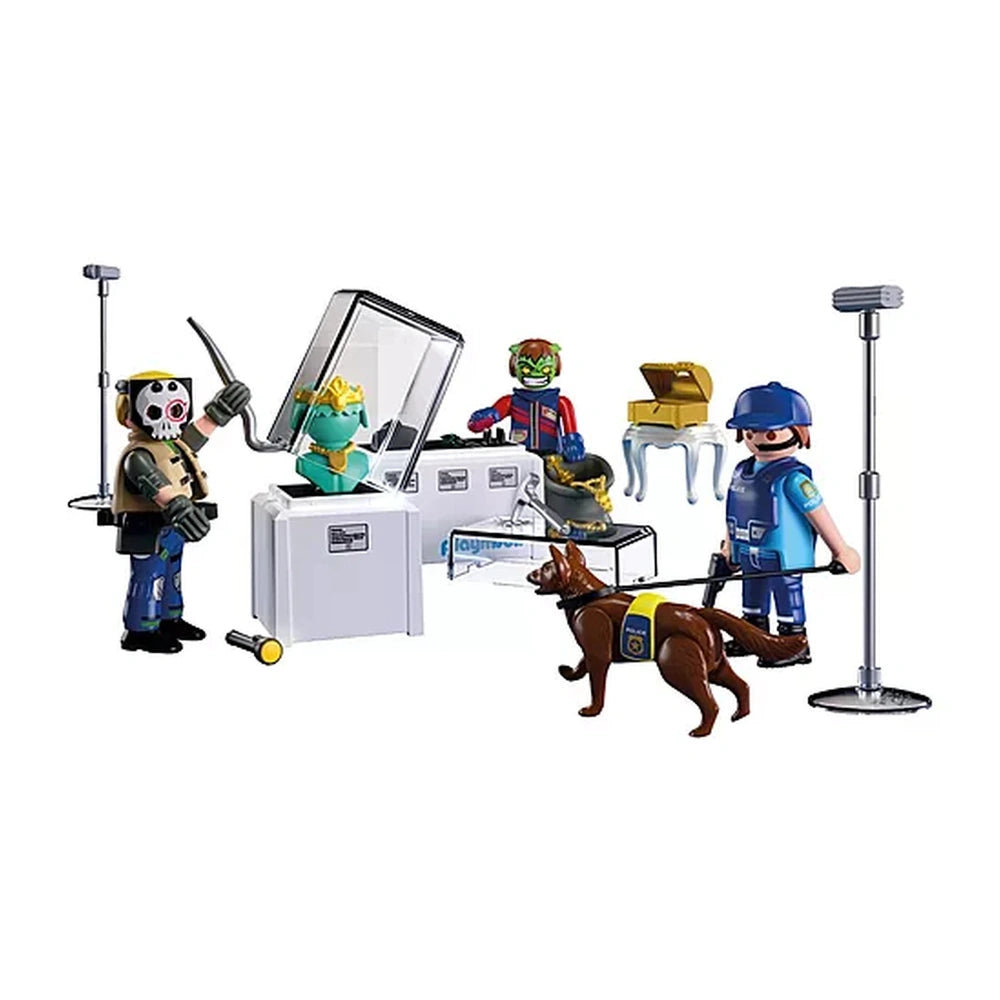 Playmobil Diamond Heist toy playset featuring a blue-helmeted figure, yellow car, and various white and brown accessories.
