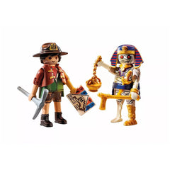 DuoPack Treasure Hunter and Mummy toy playset features two plastic figures with detailed outfits and accessories, including a