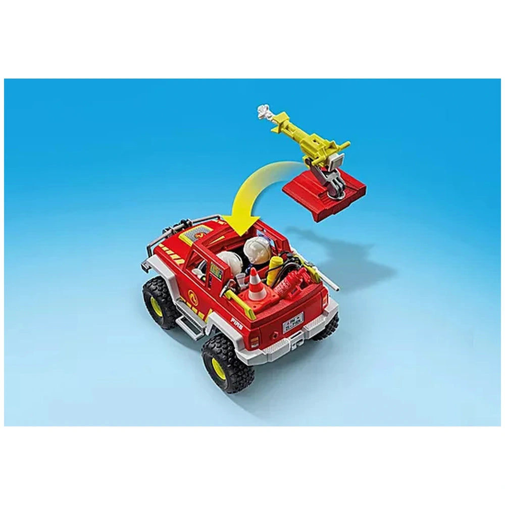 PLAYMOBIL Firefighting Truck features a red body with white accents, a yellow crane arm, and black tires.