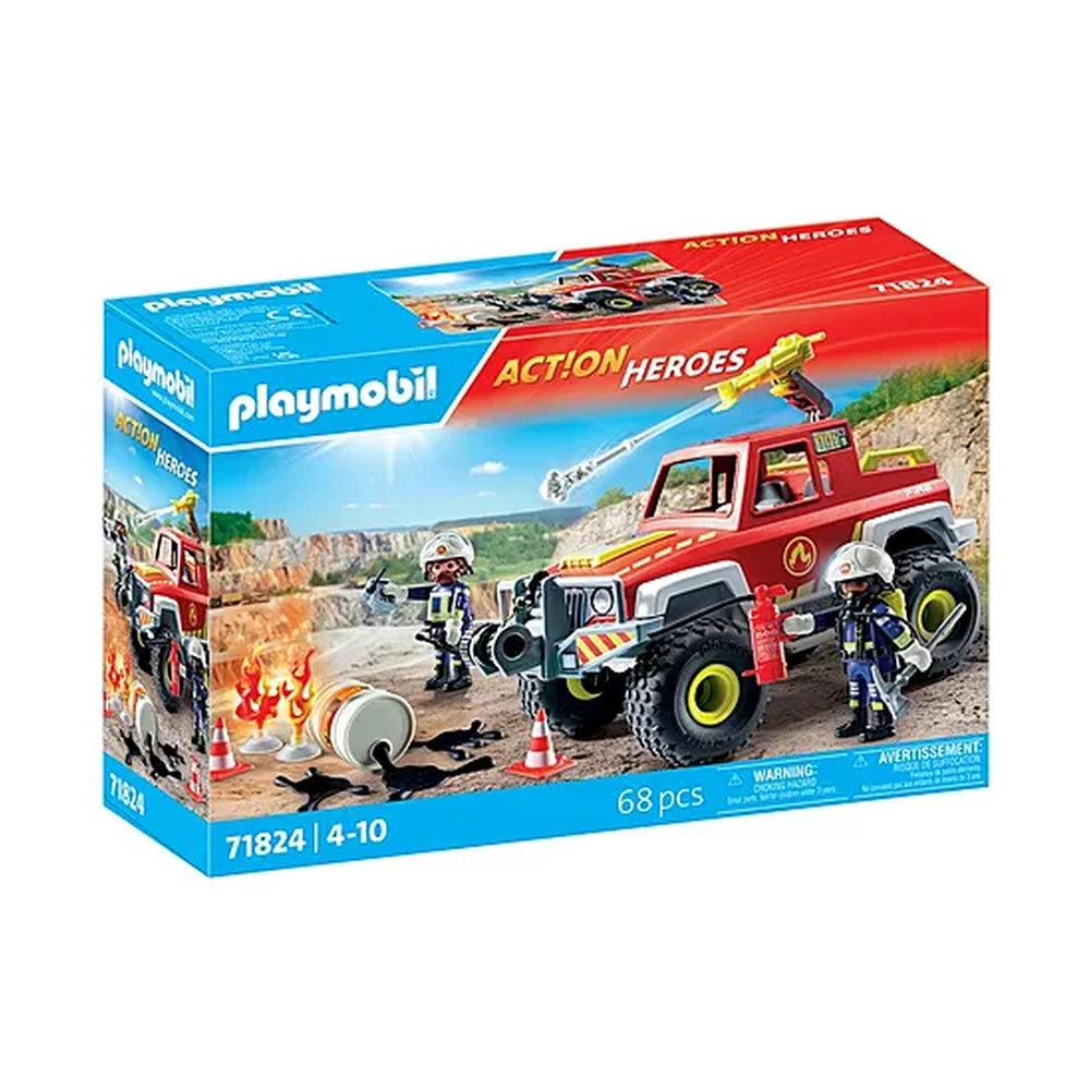 PLAYMOBIL firefighting truck toy playset in red and white packaging with clear window, featuring firefighters and accessories
