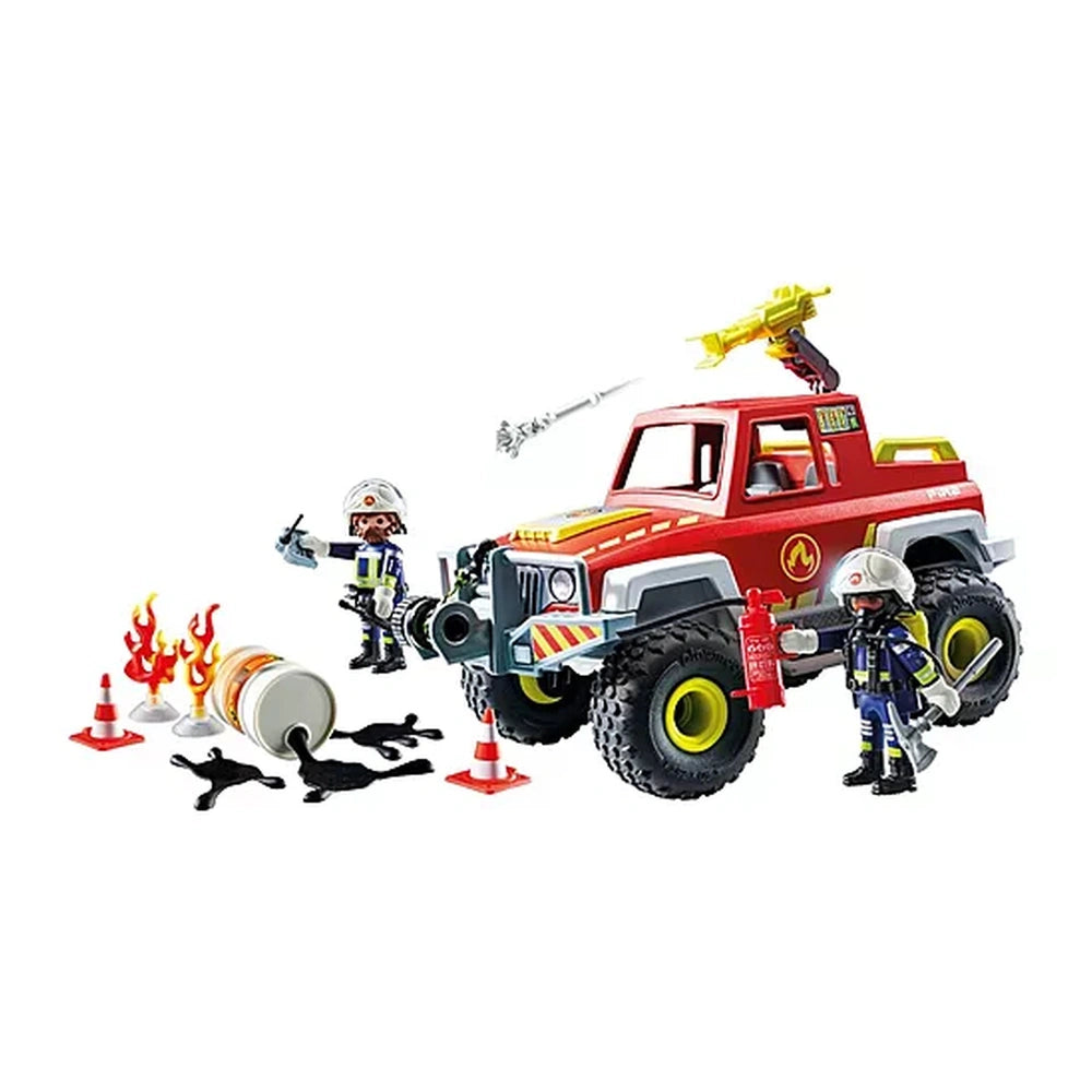 PLAYMOBIL firefighting truck in red plastic with yellow details, includes fire hose, hydrant, extinguisher, barrel, cone, and
