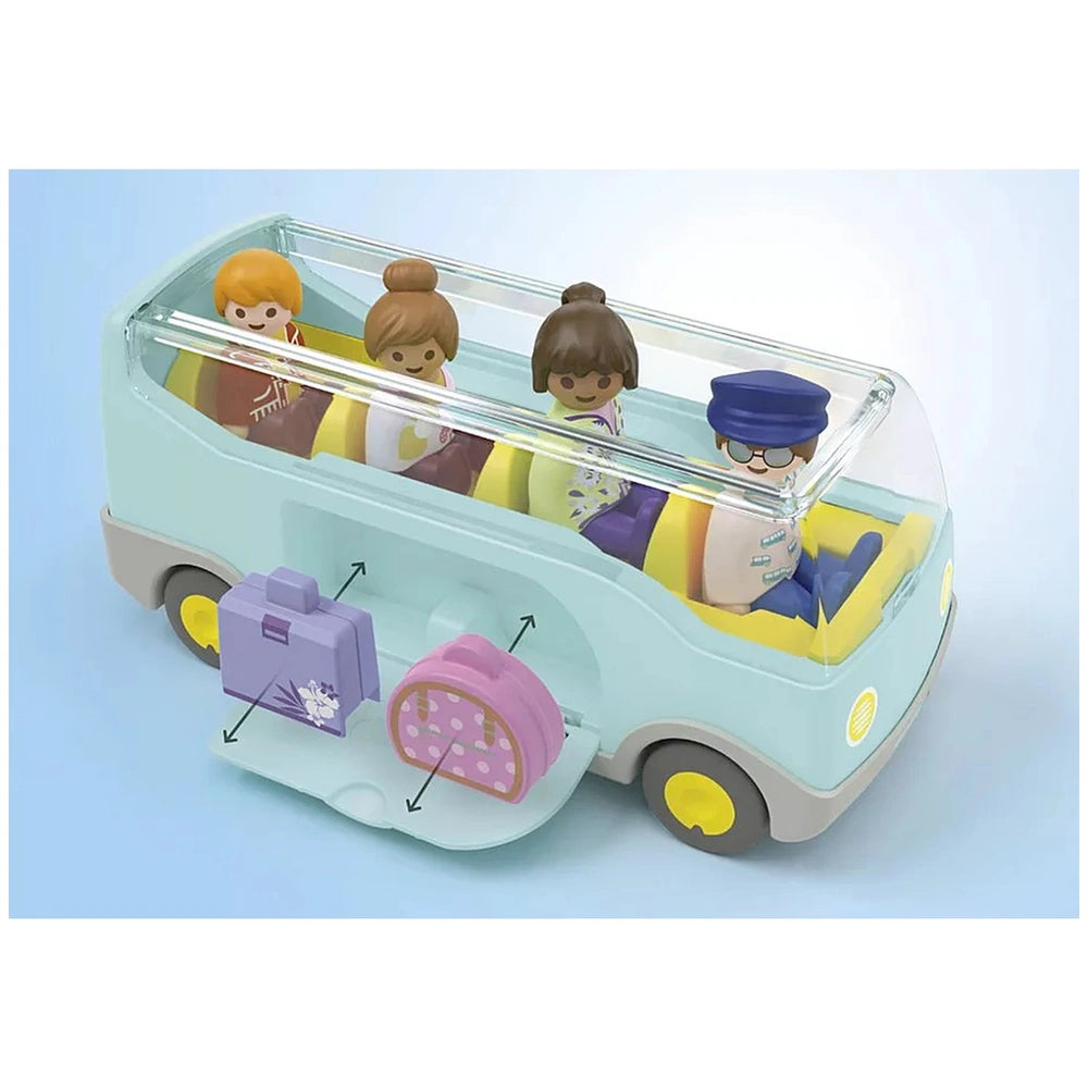 Playmobil Junior Airport Shuttle Bus toy features a white body, rubber yellow tires, blue seats, and includes 4 figures and 2