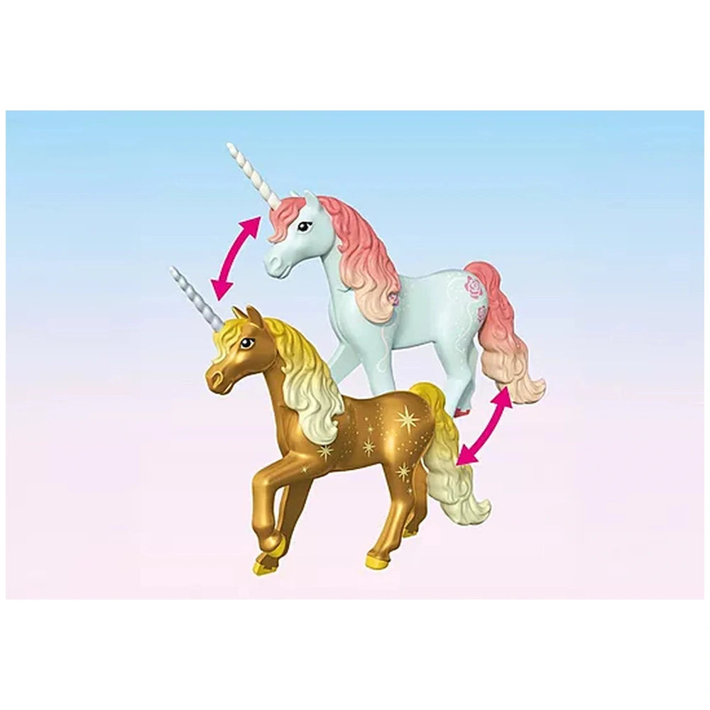 Playmobil Magic Unicorns Cozy Fairy Home features two glossy plastic unicorns with gold and pink manes and tails against a li