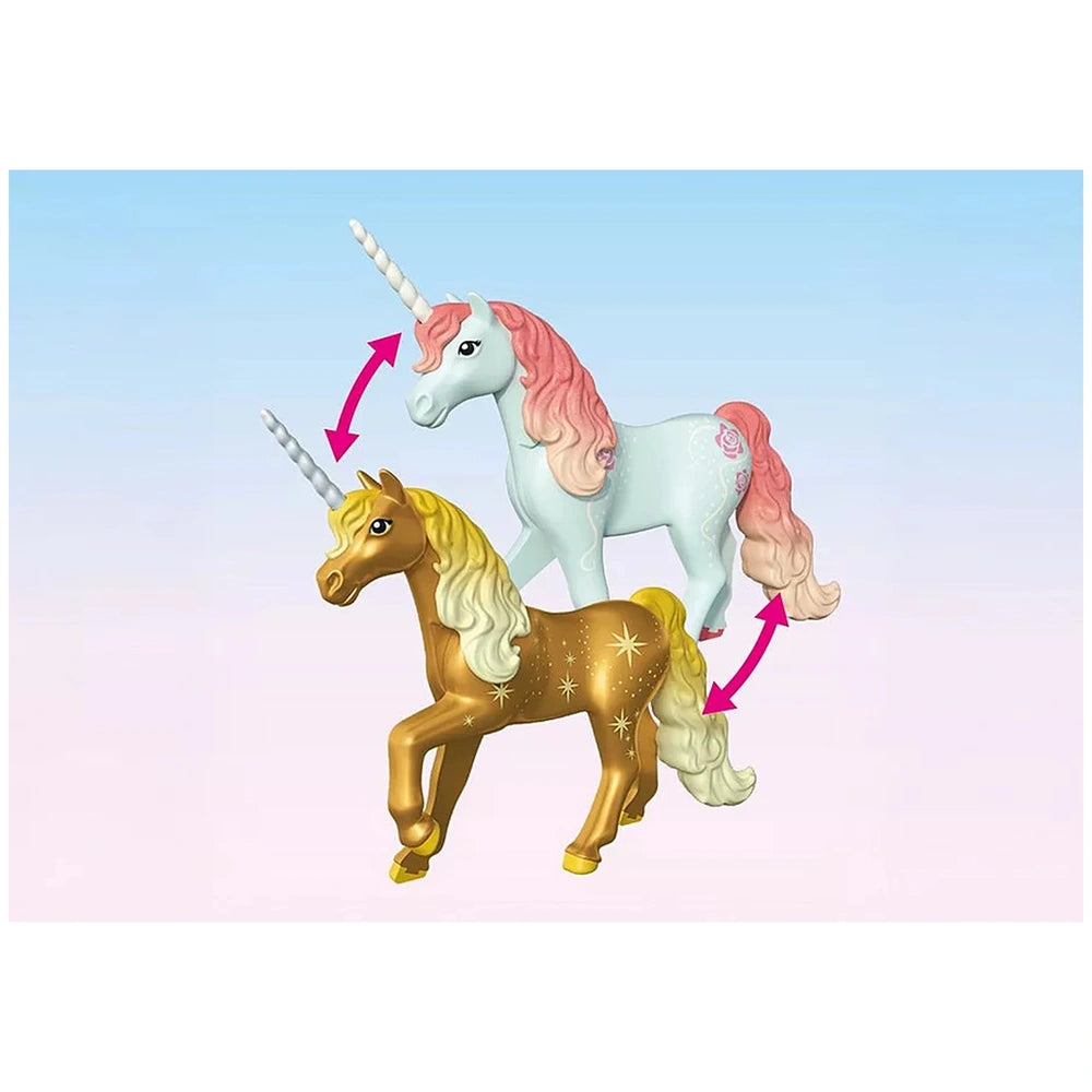 Gold unicorn figure with pink and white mane and tail, glossy horn, against a plain light blue background.