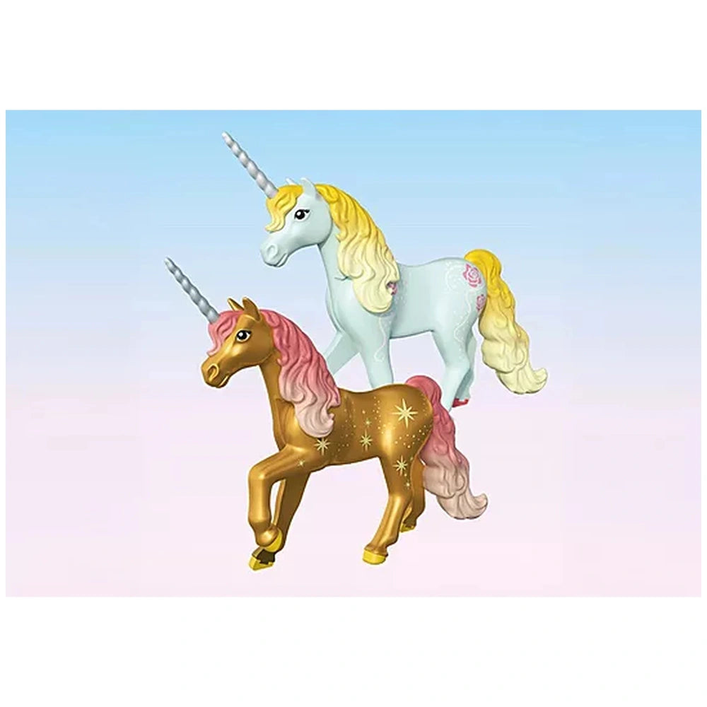 Playmobil Magic Unicorn features a light blue body, metallic gold mane, pale yellow tail, and white horn in a cozy fairy home
