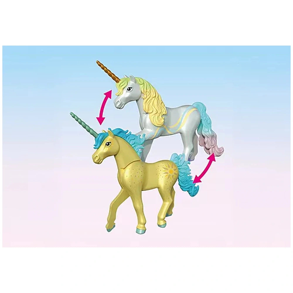 Playmobil Magic Unicorns Sunshine Blossom set features two shiny metallic unicorns with glossy manes, set against a light blu